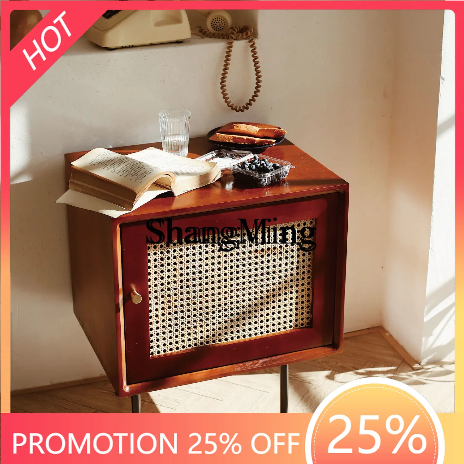 

SM solid wood bedside table modern simple rattan storage medieval sofa side cabinet, pine material