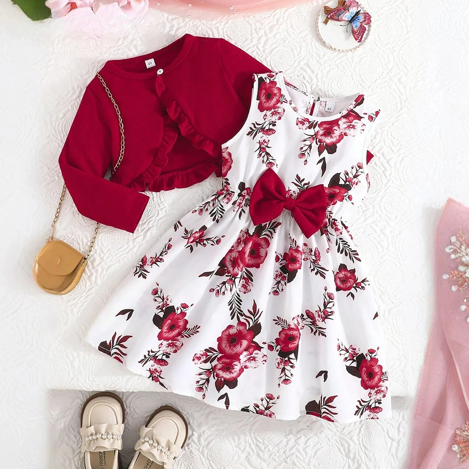 

Одежда для девочек в европейском и американском стиле, осенний кардиган с длинными рукавами + платье без рукавов с бантом и цветочным принтом, рождественская детская одежда