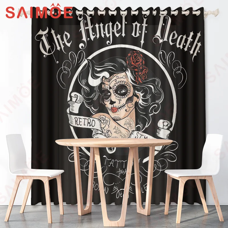 European American Day of The Dead Skull Curtain Girl Moon Flower Plant Thin Polyester Fabric Office Custom Decoration with Hooks