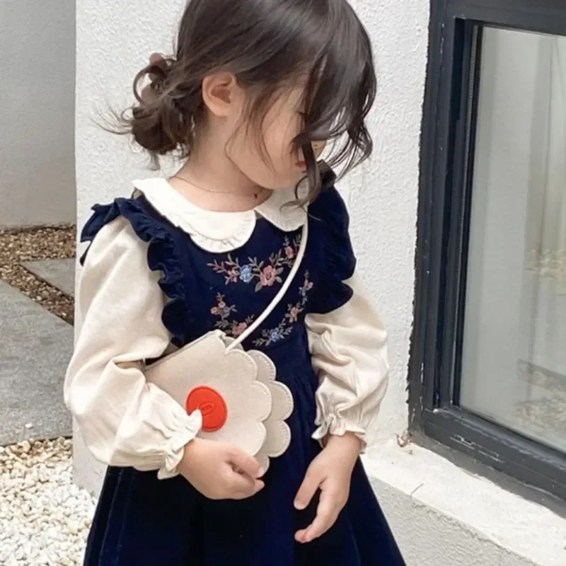 Vestido bebê menina algodão veludo colete, infantil criança bordada criança roupas, moda, 1 a 10 anos, primavera e outono