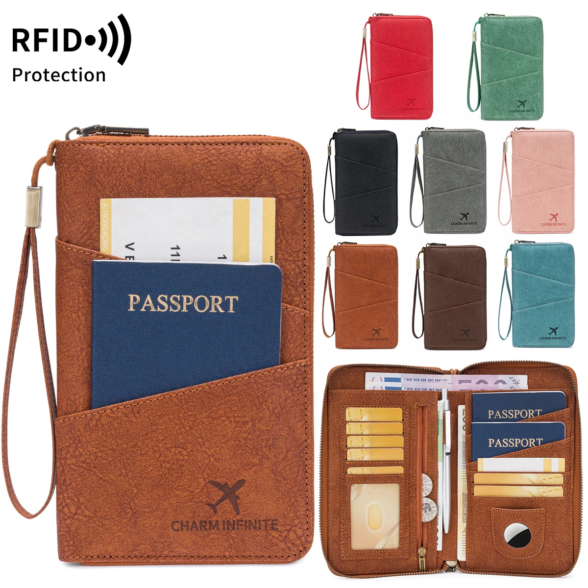 Multi-Functional RFID Blocking Passport Bag Travel Document Holder with Long Zipper Ticket Storage Wallet for Multiple Passports