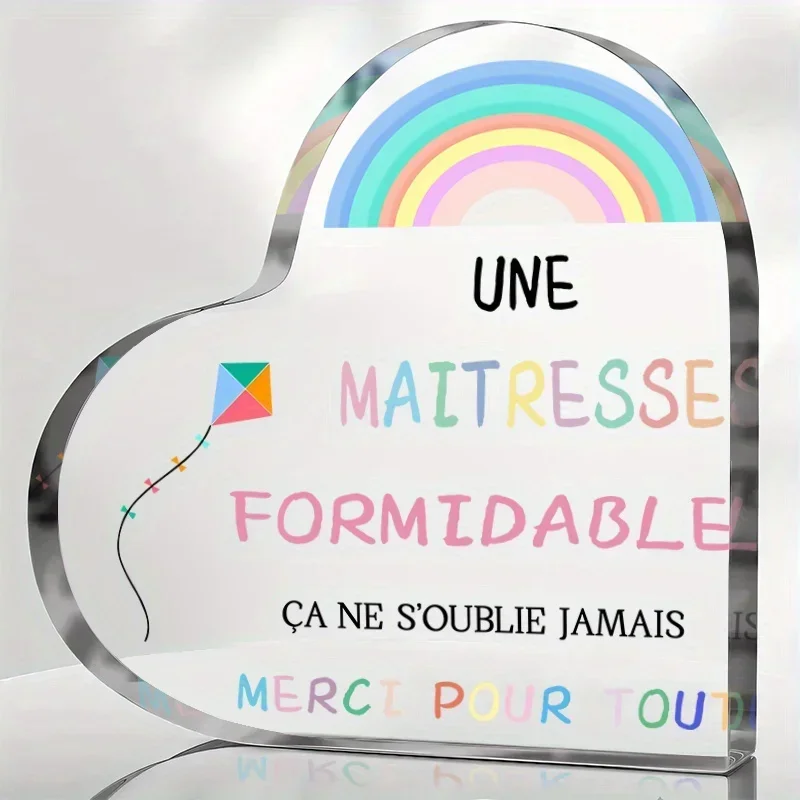 Rainbow Kite Clear Acrylic Heart Ornament French Maitresse Appreciation Desk Decor
