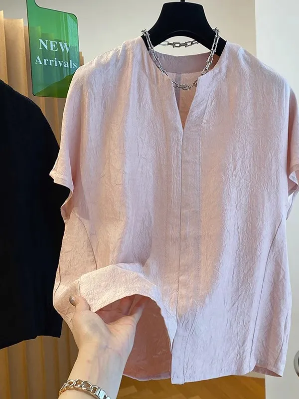 

Loose Fit White irt Women's ort Sve V-Ne Summer Top Slimming New Chinese Sle National Trend Small V-Ne Blouse