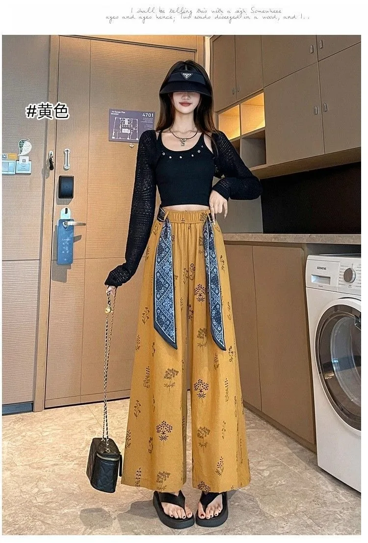 Damen Kurze Hose mit Blumenmuster im Retro-Stil, Schnürung, Slim Fit, Weites Bein, Lockerer Lazy-Style, Modische Freizeithose – Detail 9