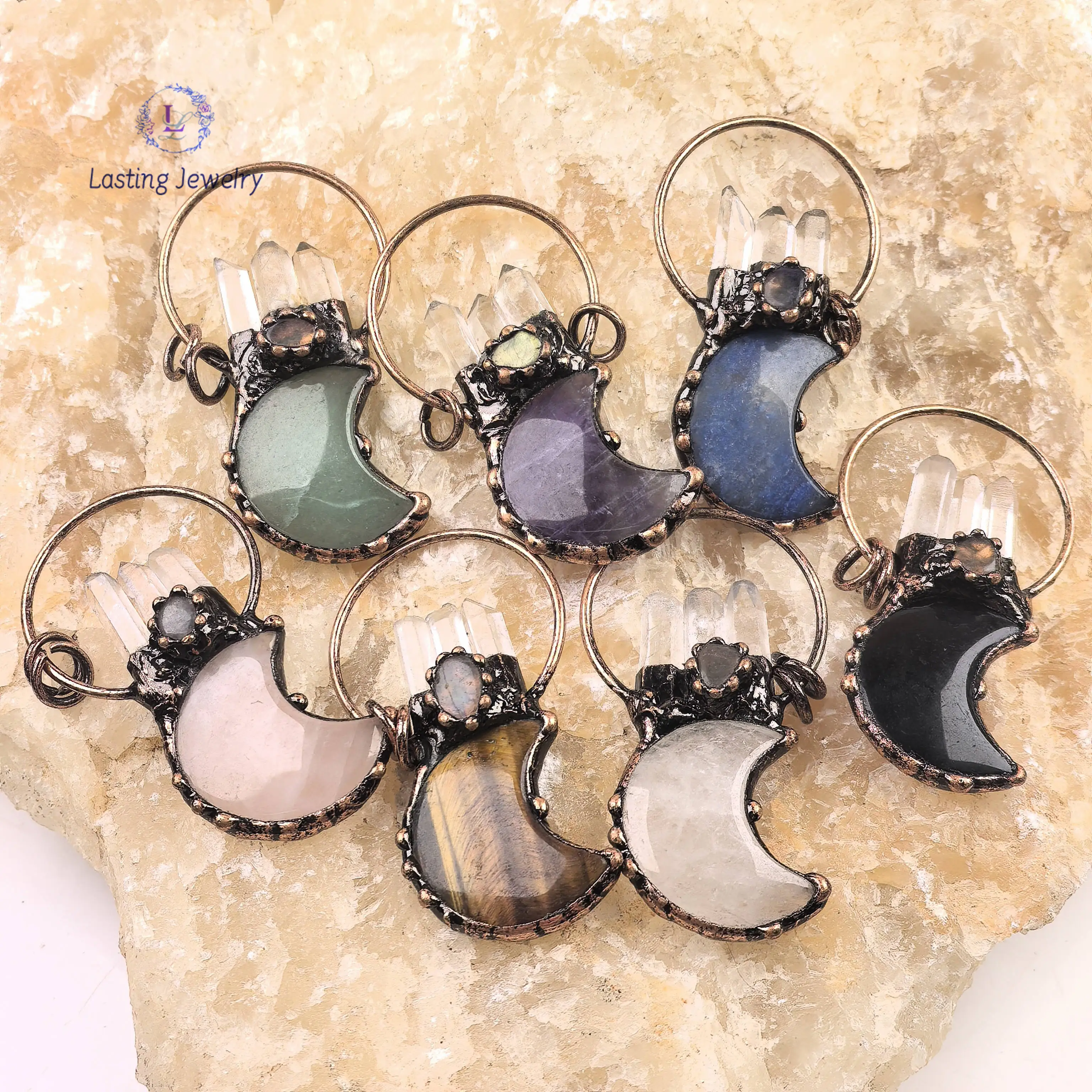 

Moon Shaped Quartz Vintage Hoop Pendants,Soldered Copper Raw Crystal Point Energy Druzy Amethyst Charms Necklace DIY Jewelry
