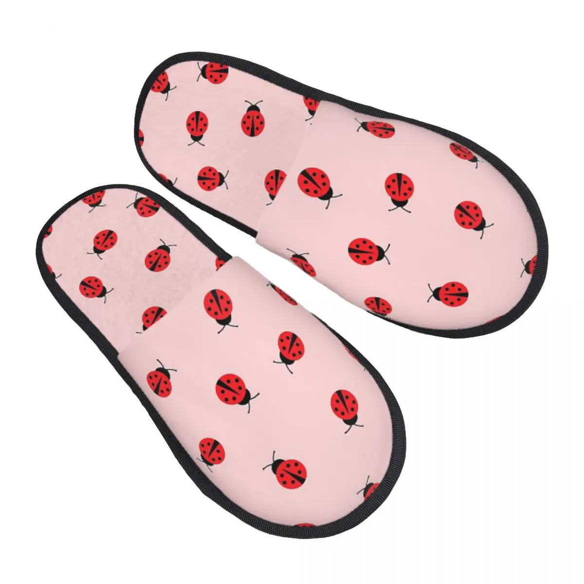 Custom Cute Ladybug Pattern On Pink Background Slippers Memory Foam Warm Soft Women House Slipper Indoor Fluffy Shoes