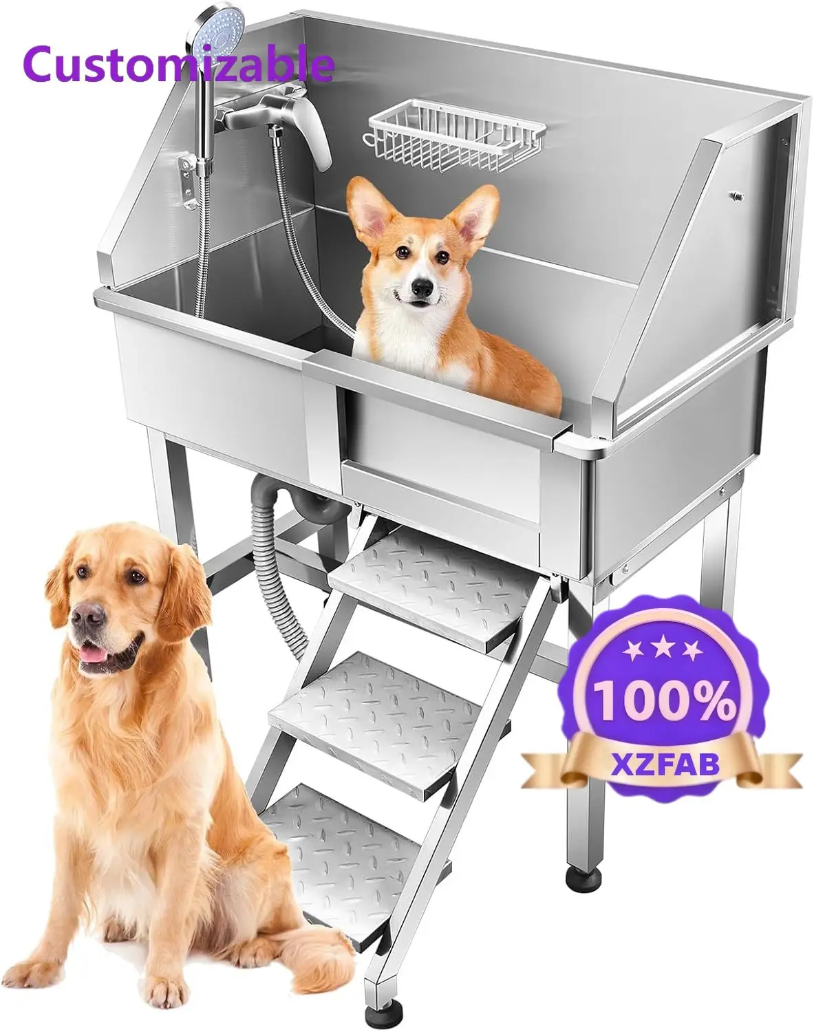 Factory Direct 2026 34-Inch Professional Stainless Steel Dog Grooming Station Eco-Friendly Shower Sink Faucet Walk-in Ramp Pet
