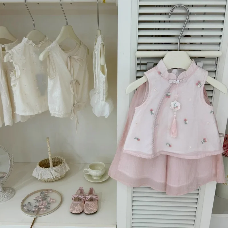 

Pink Cherry！Baby Girl New Chinese Style Sweet Embroidered Vest and Straight Pants Set Trendy