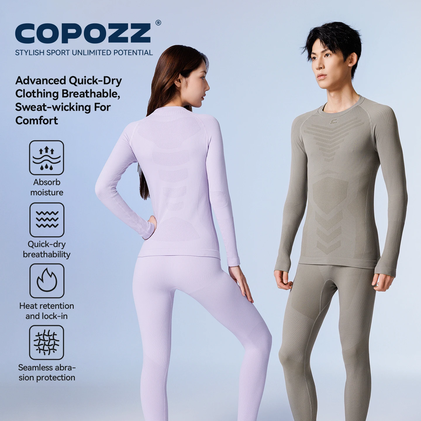 COPOZZ Set di biancheria intima termica da sci senza cuciture da donna e uomo, girocollo ad alta elasticità, asciugatura rapida, traspirante, strato base sportivo, mutandoni lunghi