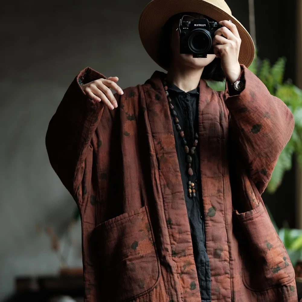 100% Cotton Women Casual Padded Long Jackets New 2024 Winter Vintage Style Loose Thick Warm Female Quilted Trench Coats M274