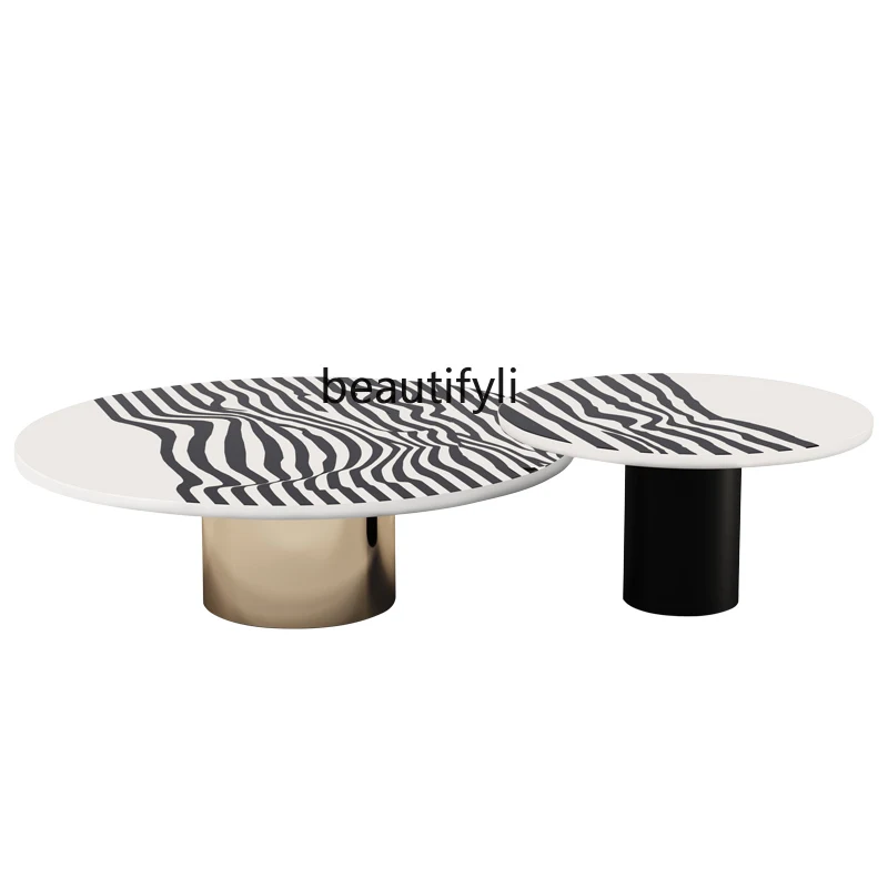 

yj Italian Mild Luxury Marble Coffee Table Living Room Balcony Creative Size round Zebra Pattern Tea Table