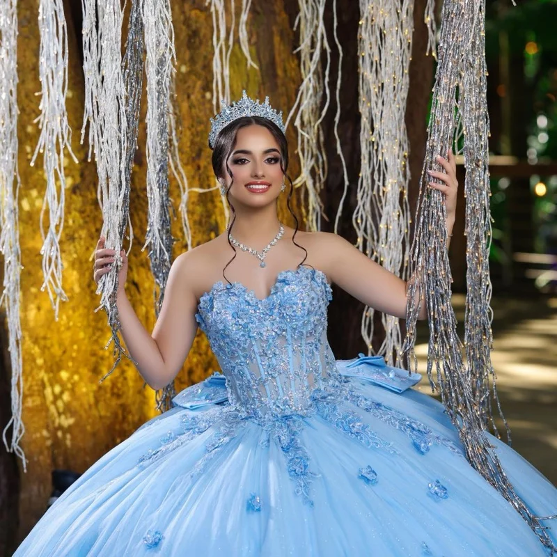 

Blue Quinceanera Dress off-shoulder Glitter 3D Flower Decal Long tail Big Bow vestidos de 15 Quinceanera ﻿Customize
