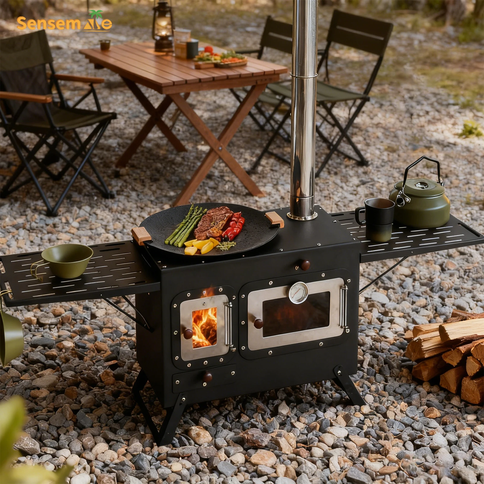 

Portable Wood Stove with Pizza Oven Expansion Plate Outdoor Camping Grill BBQ Charcoal Firewood Meat Cooking Folding Design