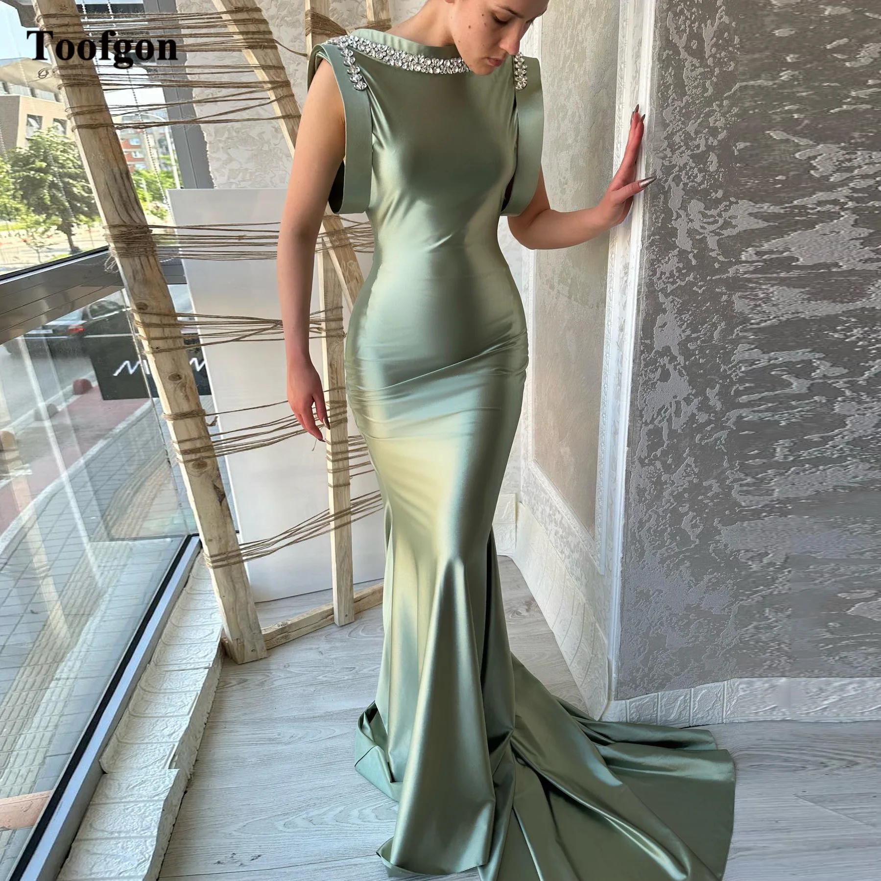 

Toofgon Mermaid Crystals Evening Dresses For Women Satin Scoop Fishtail Formal Prom Party Gowns Long Special Pageant Dress 2023