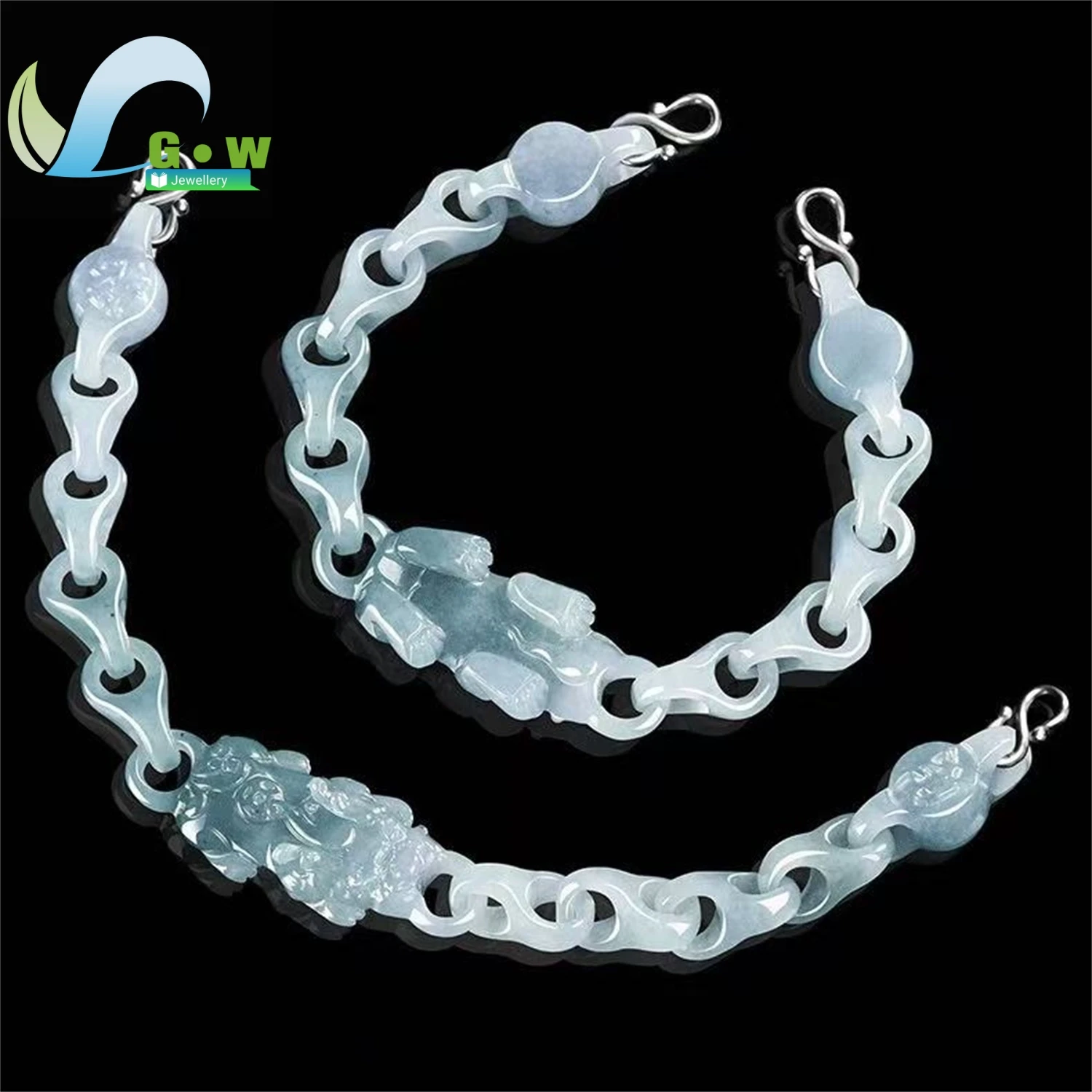 Natural Icy Blue Jadeite Pixiu Interlocking Ring Bracelet Unisex Fine Jewelry Gift Lucky Wealth Protector Smooth Energy Stone