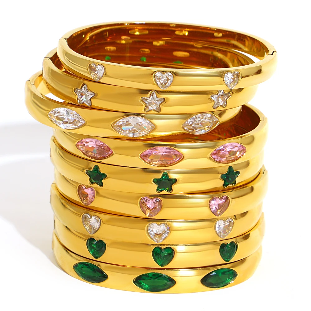 Eingelegte grüne weiße Strass Herz Stern Wassertropfen Edelstahl offene Manschette Armbänder Armreifen luxuriöser wunderschöner Handgelenkschmuck