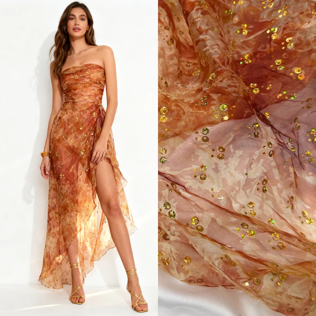 

Misty gradient dyed sequins organza fabric sewing stage performance costumes handmade DIY chiffon fabric