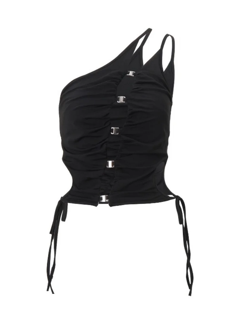 Una spalla nera Halter Top donna vestiti Edgy Y2k accessori scava fuori Rave Outfit corsetto con paillettes Shirring Ropa De Mujer