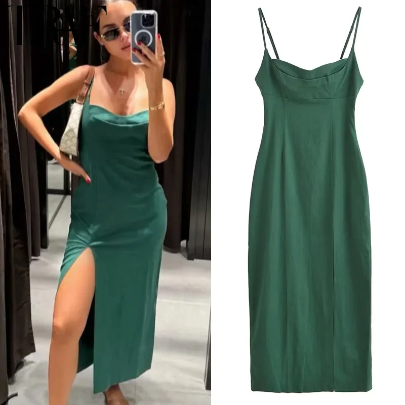 TRAF-Vestidos verdes sin mangas para mujer, vestido Sexy con tirantes y espalda descubierta, ajustado, elegante, largo, para fiesta de verano