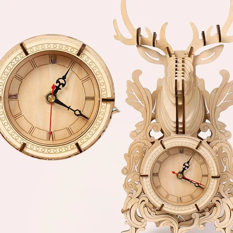 New 3D DIY Wood Clock Puzzle Jigsaw Vintage Deer Clock Model Creative Assembled Puzzle Toys Gifts For Adults Gift Table Decor