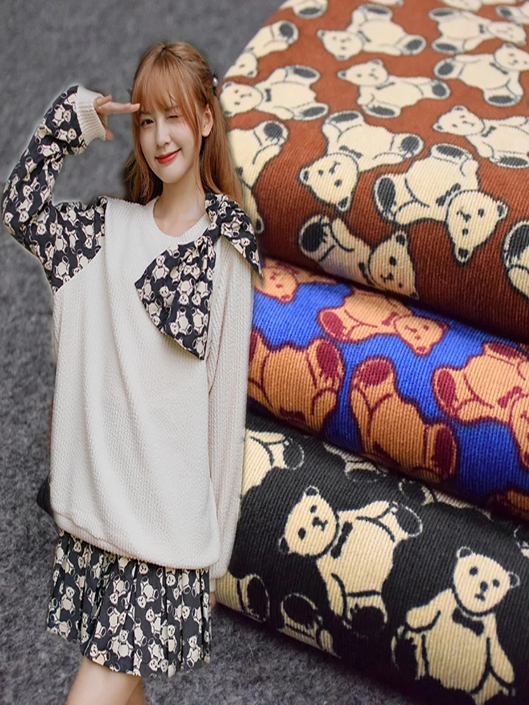 Bear Printed Corduroy Fabric,Sewing Autumn and Winter Dress Overalls Pants Coat by Half Meter