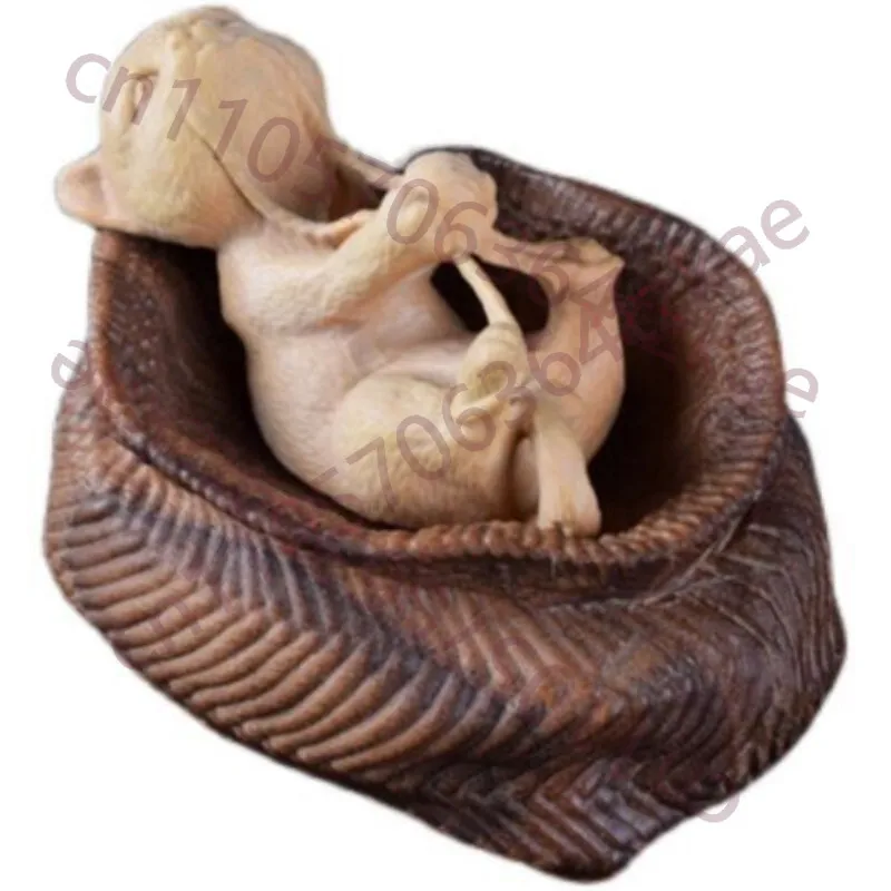 

2,9-дюймовая китайская фигурка-нэцукэ из резного самшита - Озорной кот в корзине (украшение)