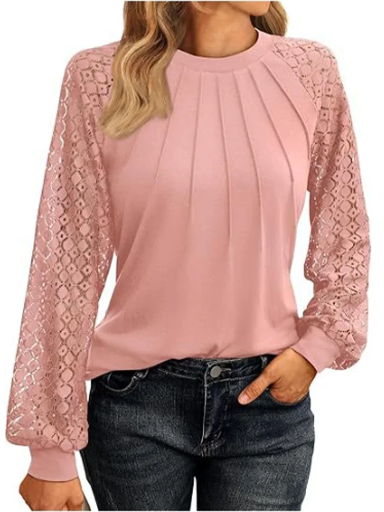 

Elegant Lace Pleated Solid Color Shirts Women's Round Neck Lantern Long Sleeved Blouse Autumn Daily Casual Top