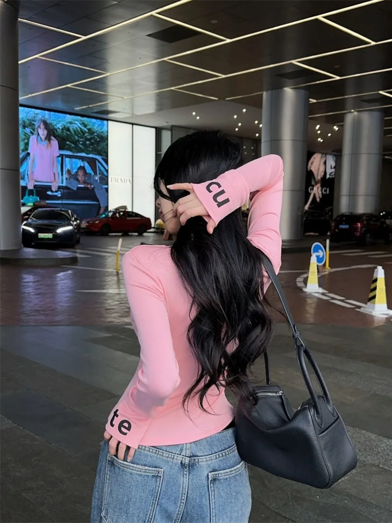 เสื้อยืดแขนยาวผู้หญิงลายพิมพ์ Ciwalk สีชมพู สไตล์ลำลอง ผ้าฝ้ายระบายอากาศ ทรงเข้ารูป ช่วยให้ดูผอมเพรียว