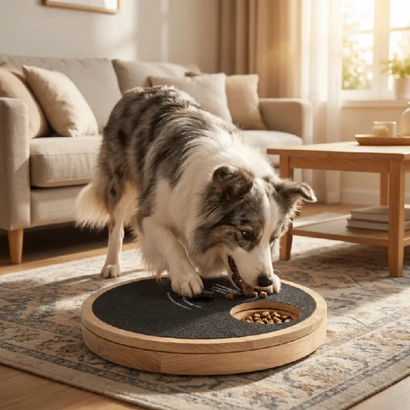 Rotating Dog Scratching Board Round Non-Slip Dog Nail Grinding Pad Solid Wood with Treat Box Dog Nail File Toy for Dogs 3