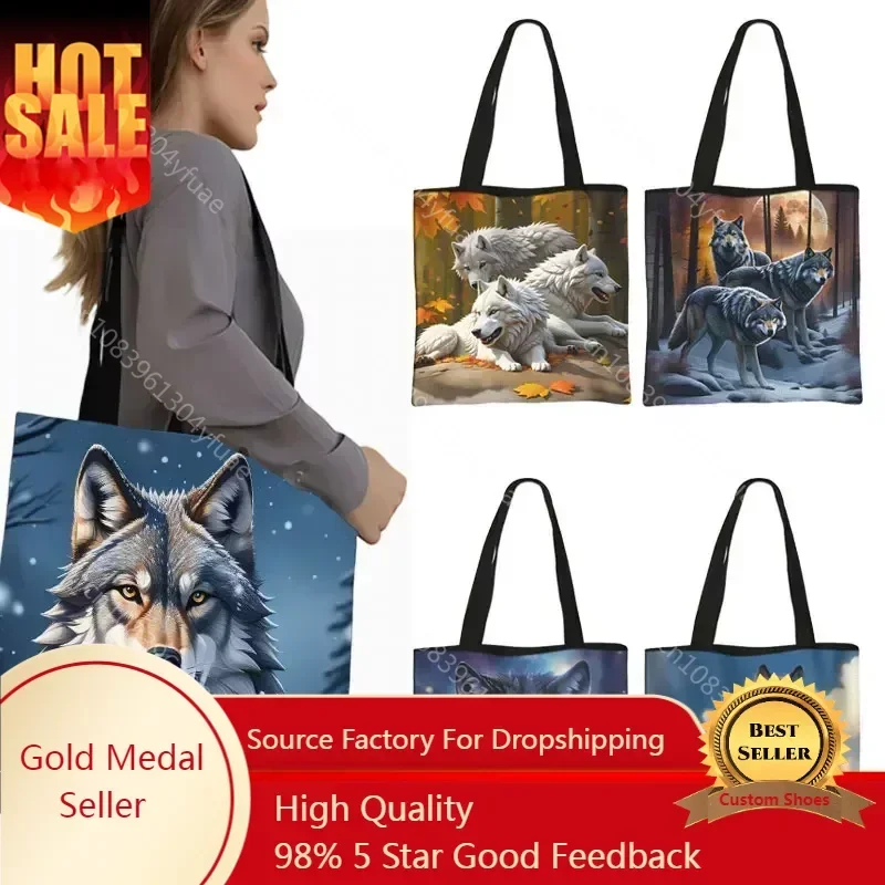 Howling Wolf Under The Moonlight Pattern Shopping Bag Cool Howling Wolf Tote Bag Baby Wolf Handbag Shoulder Bag Shopper Bags