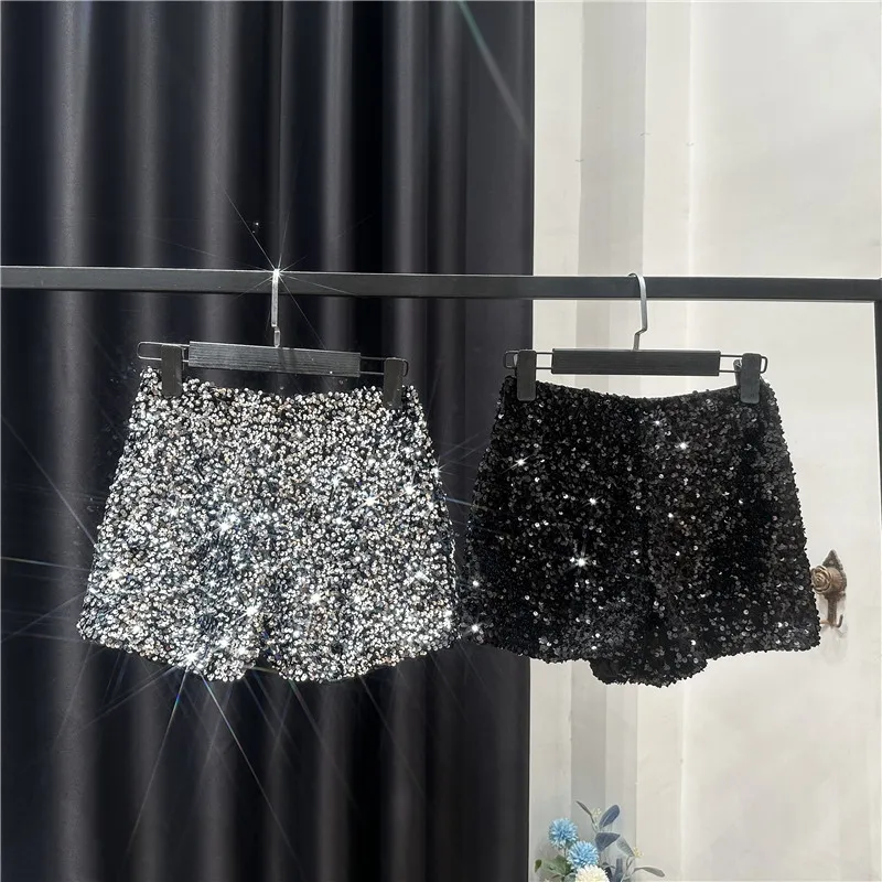 New Autumn Black Velvet Shorts Women Sequined Shiny Versatile Short Pants Clubwear Shorts Hot Pants High Street