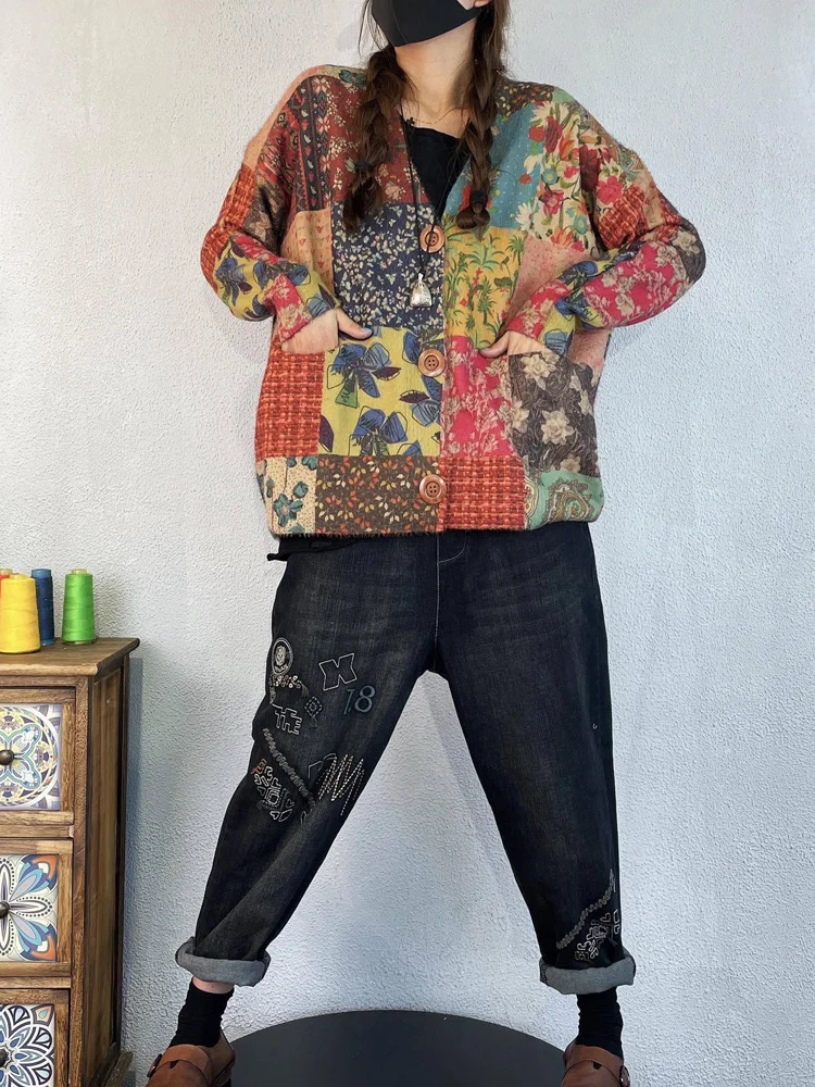 Amax luluE Winter Vintage Printed V-Neck Sweaters Womens Loose Leisure Cardigans Gothic Females Harajuku Pocket Floral Clothing