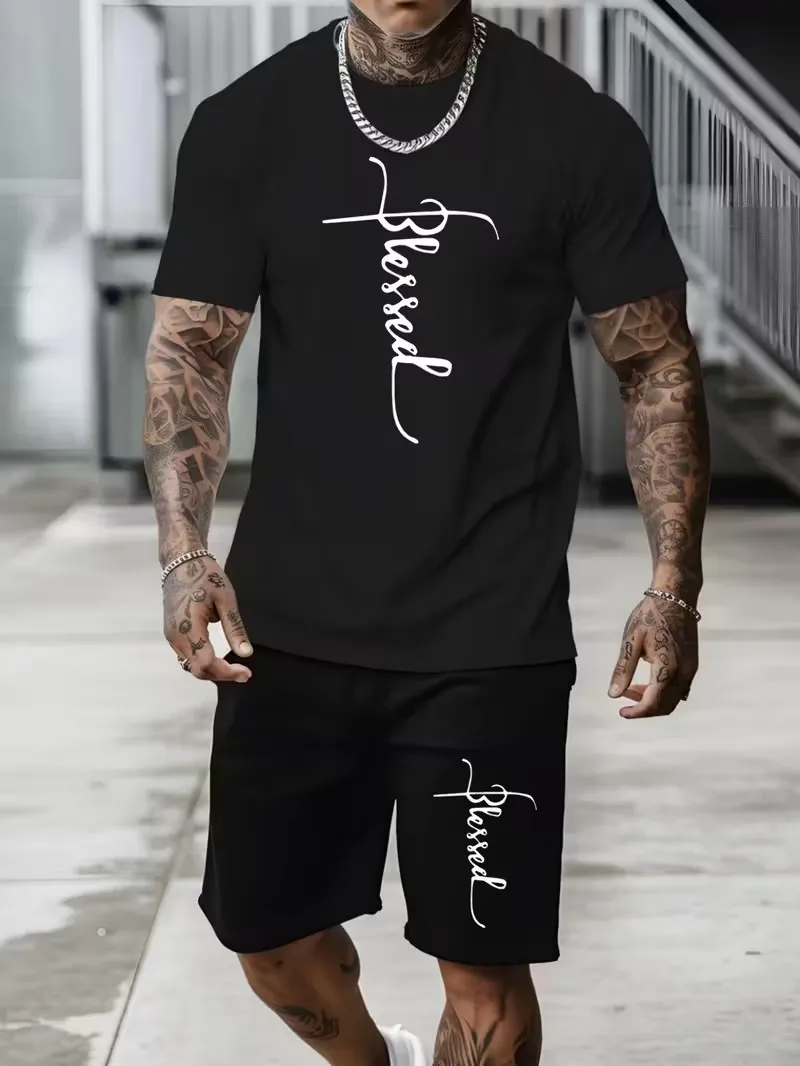 

Простая футболка с буквенным принтом, шорты, комплект из 2 предметов, модный мужской костюм 2025 года, большой размер, свободная футболка с короткими рукавами, комплект шорт на шнурке