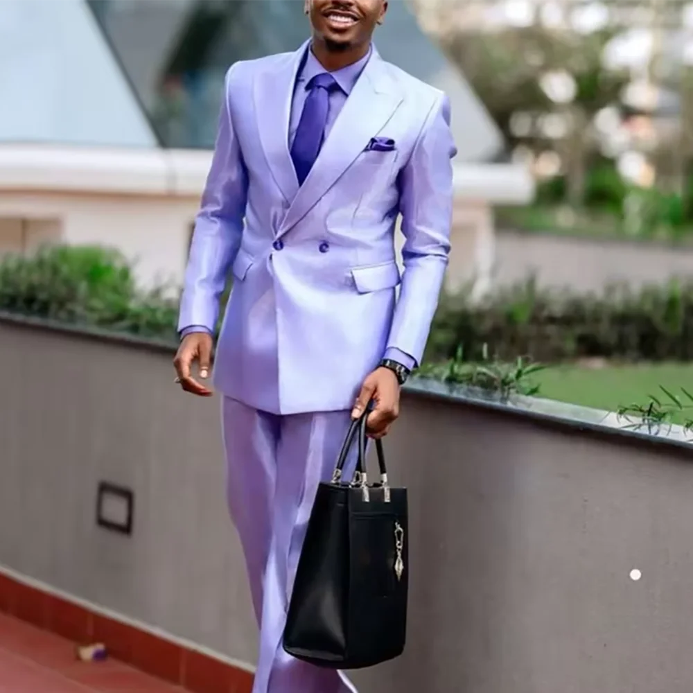 

Purple Glossy Men Suit Fashion Outfit Two Button Peak Lapel Straight Handsome High Quality Casual Male Suit Set Jacket Pants