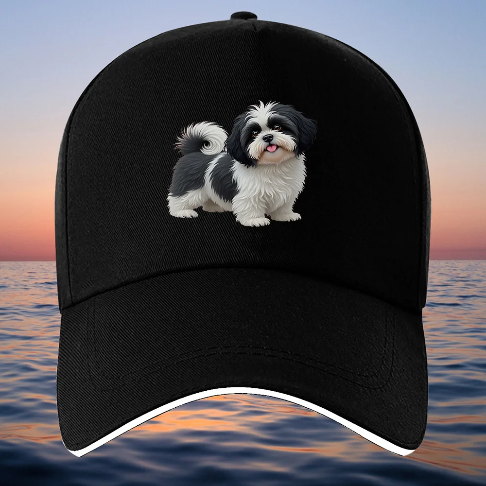 Black White Shih Tzu Dog Print Baseball Cap Adjustable Polyester Casual Outdoor Sports Headwear