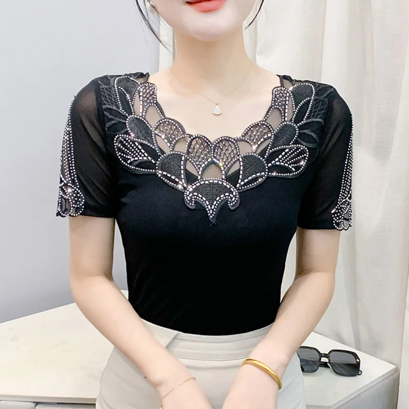 Summer New Short Sleeved O-Neck Women's Tops Fashion Sexy Perspective Mesh T-Shirt Hot Diamond Patchwork Blusas