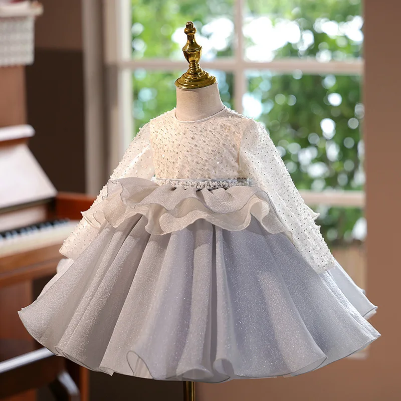 2025 New year gorgeous Children Baby Girl pearl Dresses Birthday Princess Prom Dress for Kids sequin Long sleeved Ball Gown