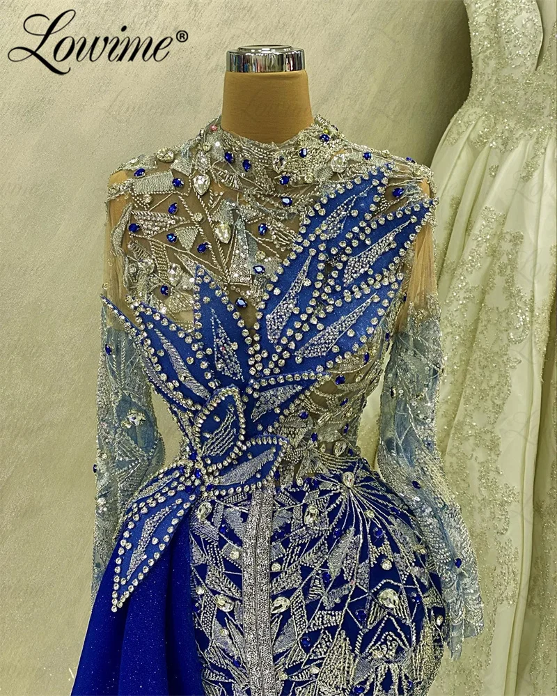 Aso Ebi Crystals Blue Party Dress for Weddings Beaded Long Sleeve Second Reception Prom Engagement Gowns Arabic Evening Dresses