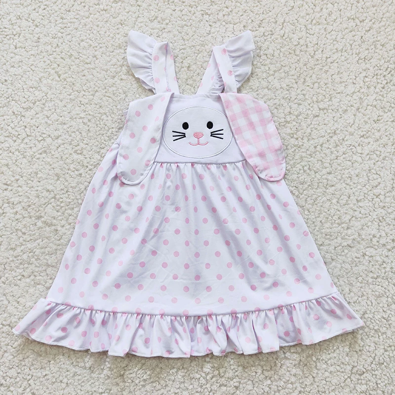 

Wholesale Baby Girl Easter Spring Kid Embroidery Rabbit Ears Short Sleeves Cotton Ruffle Dress Children Bunny Toddler Clothes