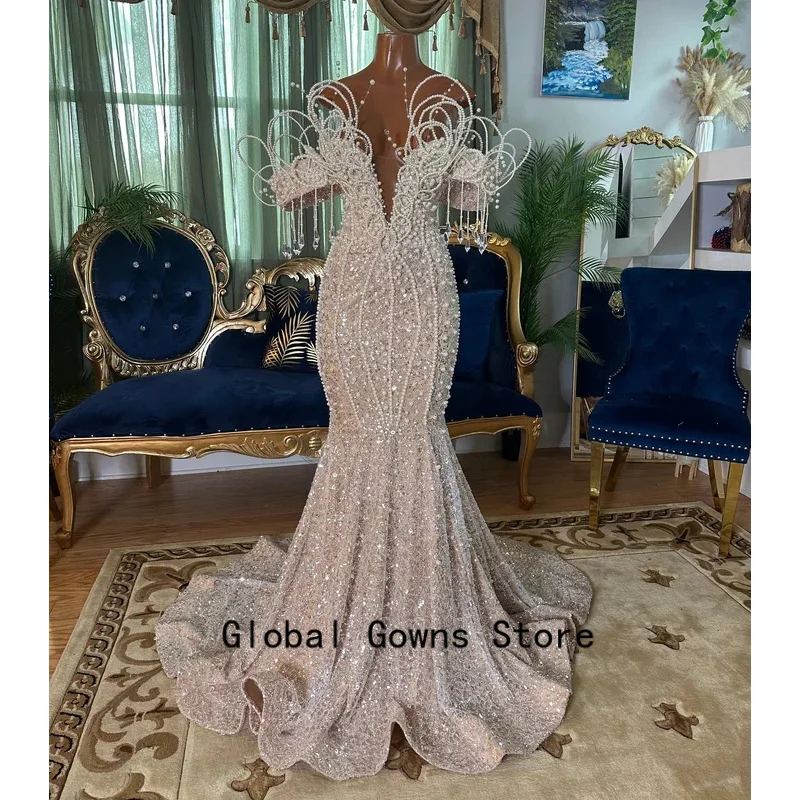 

Роскошные длинные платья для выпускного вечера для черных девочек, блестки и жемчуг, блестящие американские африканские вечерние платья, халат для дня рождения по индивидуальному заказу