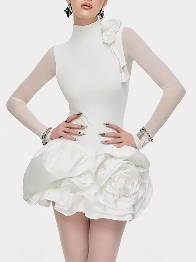 

Sexy Long Sleeves Mesh See Through Floral Mini Dress Women White Stand Collar Ruffles Flower Slim Dresses Evening Party Cocktail