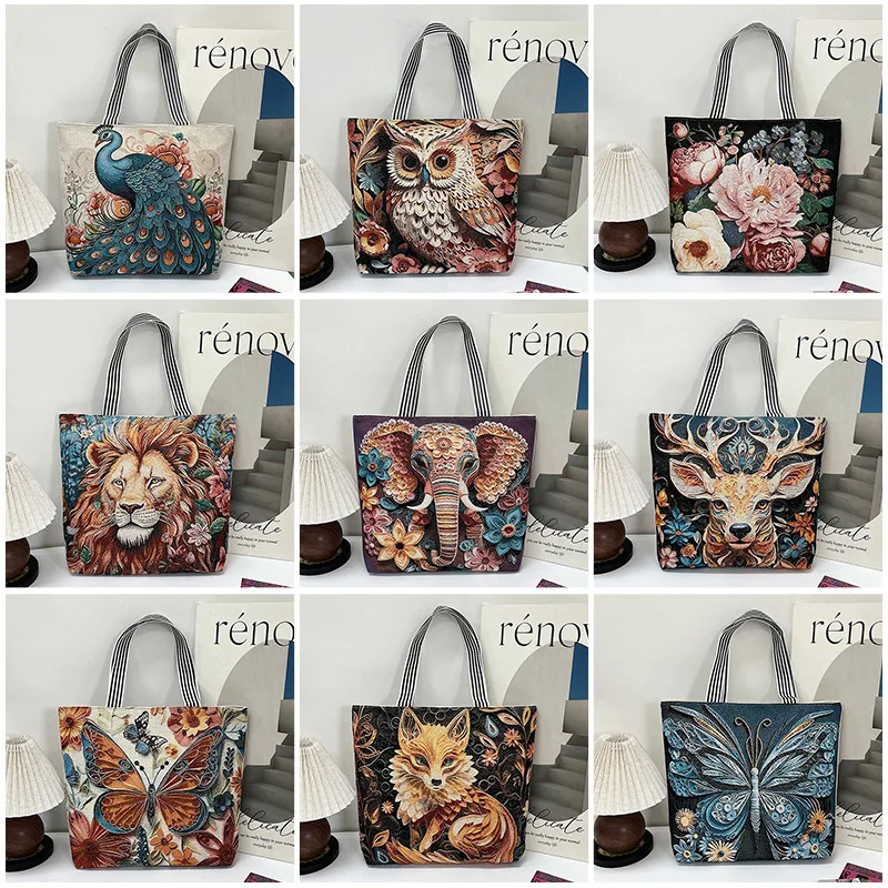 New Fashion Women's Gold Thread Embroidered Single-sided Animal Print Shoulder Bag, Large Capacity, Ethnic Style Commute Handbag