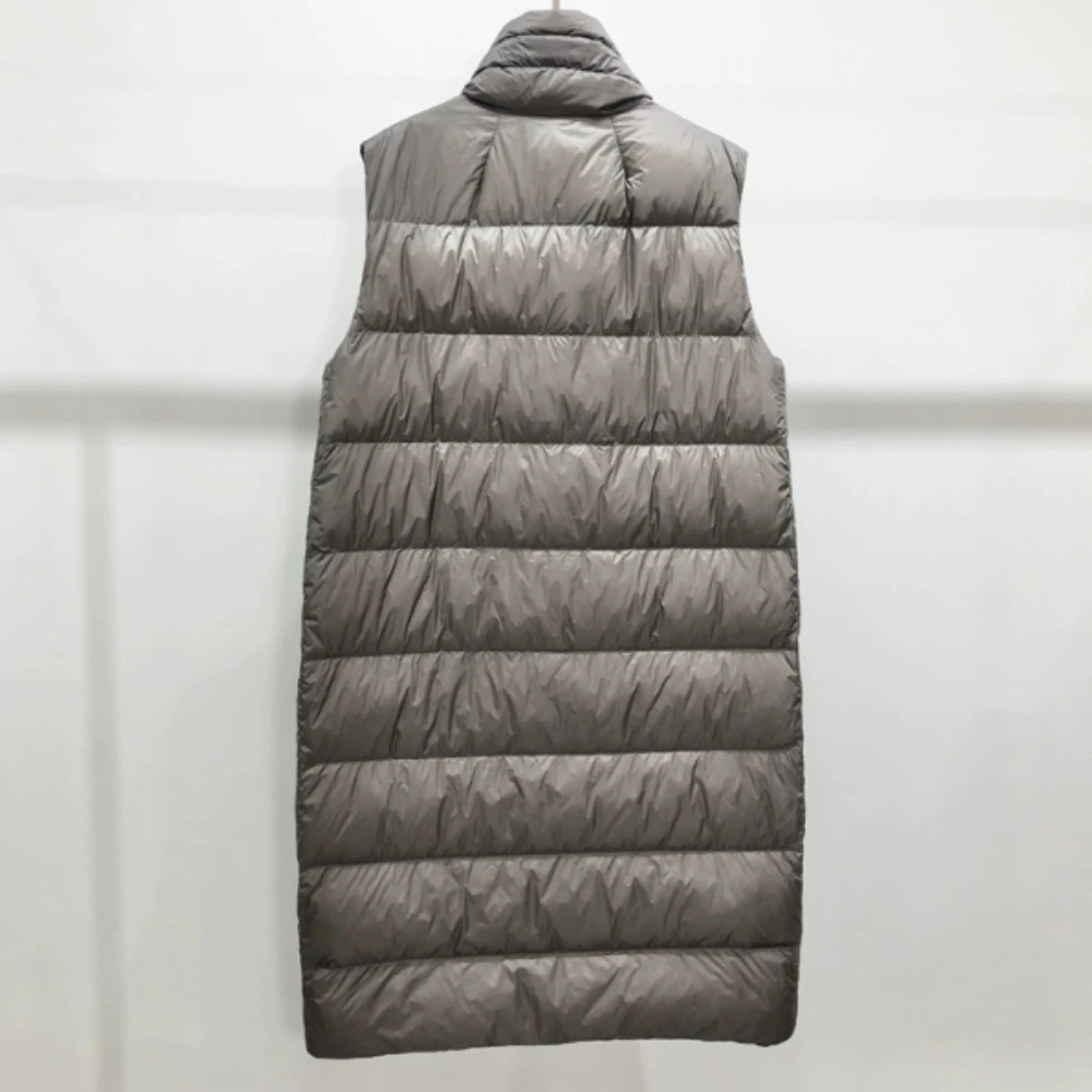 2025 New Autumn Winter Women Long Down Vest Fashion Casual Loose Warm Coat Knee Length Stand Collar 90 White Duck Down Jacket