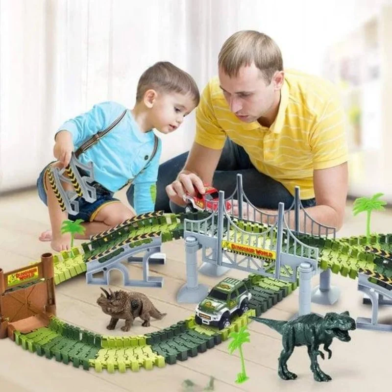 Najlepszy zestaw torów dinozaurów 360 nowy montaż DIY zestaw torów dinozaurów jurajskich elektryczny zestaw zabawek samochodowych z torem dinozaurów