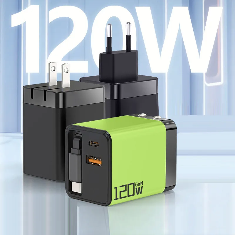 120W GaN Fast Charger Built-in Retractable Cable EU/US/UK Plug USB Type-C Wall Charger For Xiaomi iP