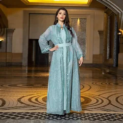 Eid Ramadan Muslim Women Open Abaya Long Cardigan Dress Inner Maxi Dress Muslim Set 2ps Dubai Islamic Arab Robe Kaftan with Belt