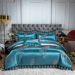 Jacquard Weave Sateen Lace Natural Chic Heavy Comforter Cover Set 4Pcs Satin Soft Luxury 1Duvet Cover 1Flat Sheet 2Pillowcases