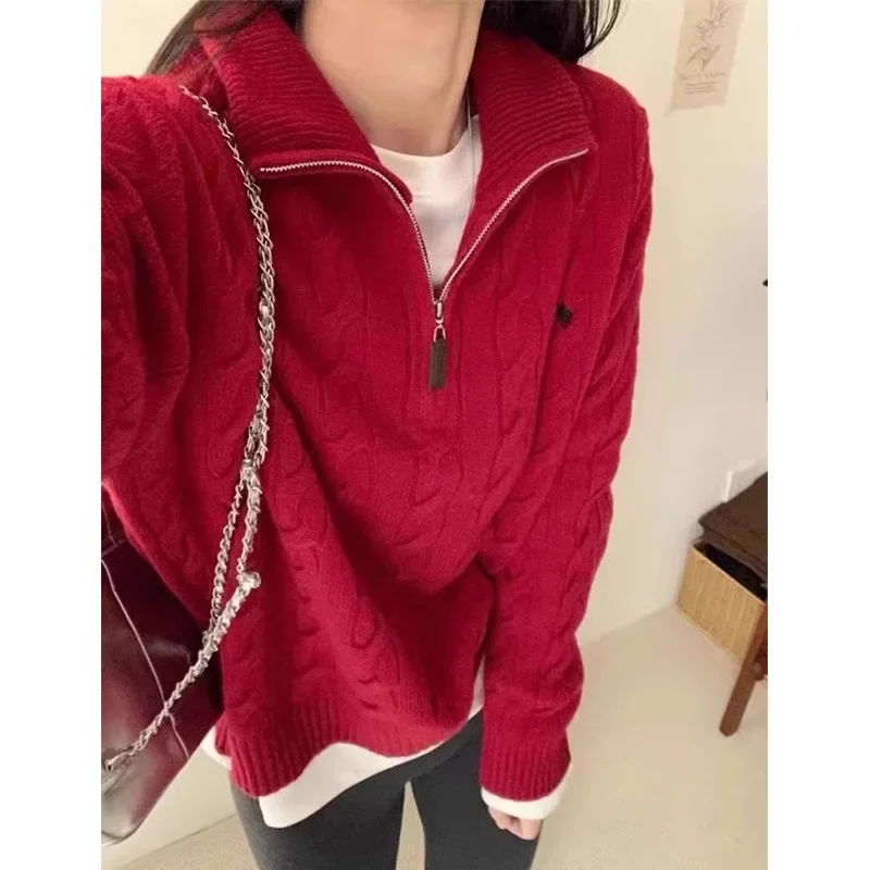 Diseño Sensation pequeño público suéter de punto medio cremallera Twist suave versátil Otoño Invierno tamaño pequeño acogedor suéter