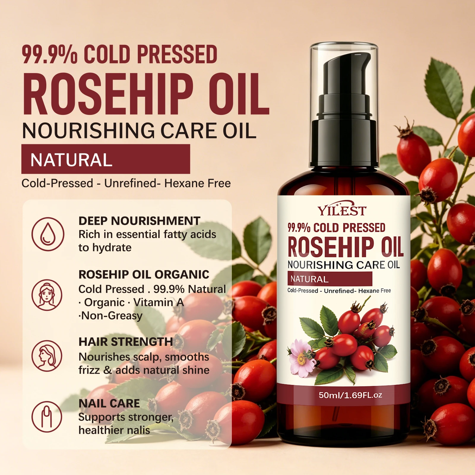Cold Pressed Rose Hip - 50 ml YILEST Cold-Pressed Rosehip Oil,