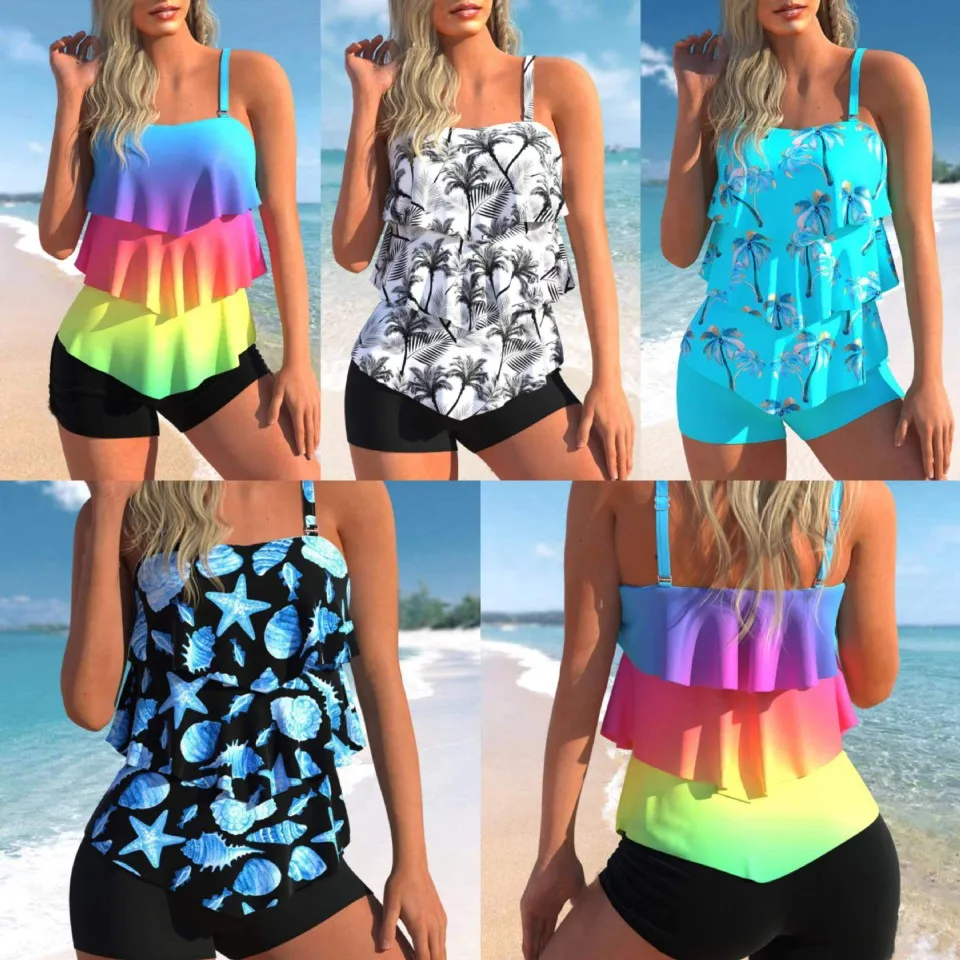 

2025 New Conservative Swimwear Bellflower adient Color Flat Angle Tankini Swimsuit Nylon Material round Ne for Women